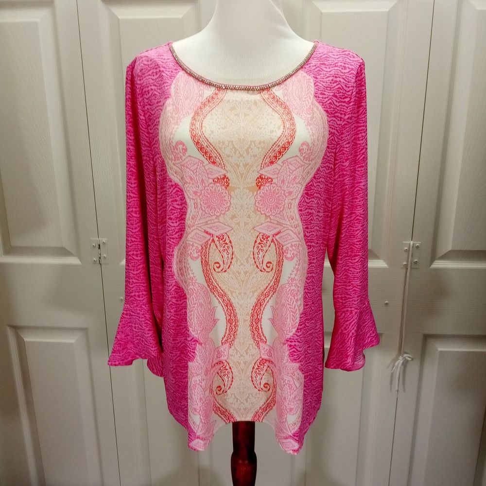 NWT JM Collection Women's Jeweled Neckline Pink Paisley Prnt Tunic P/Xl